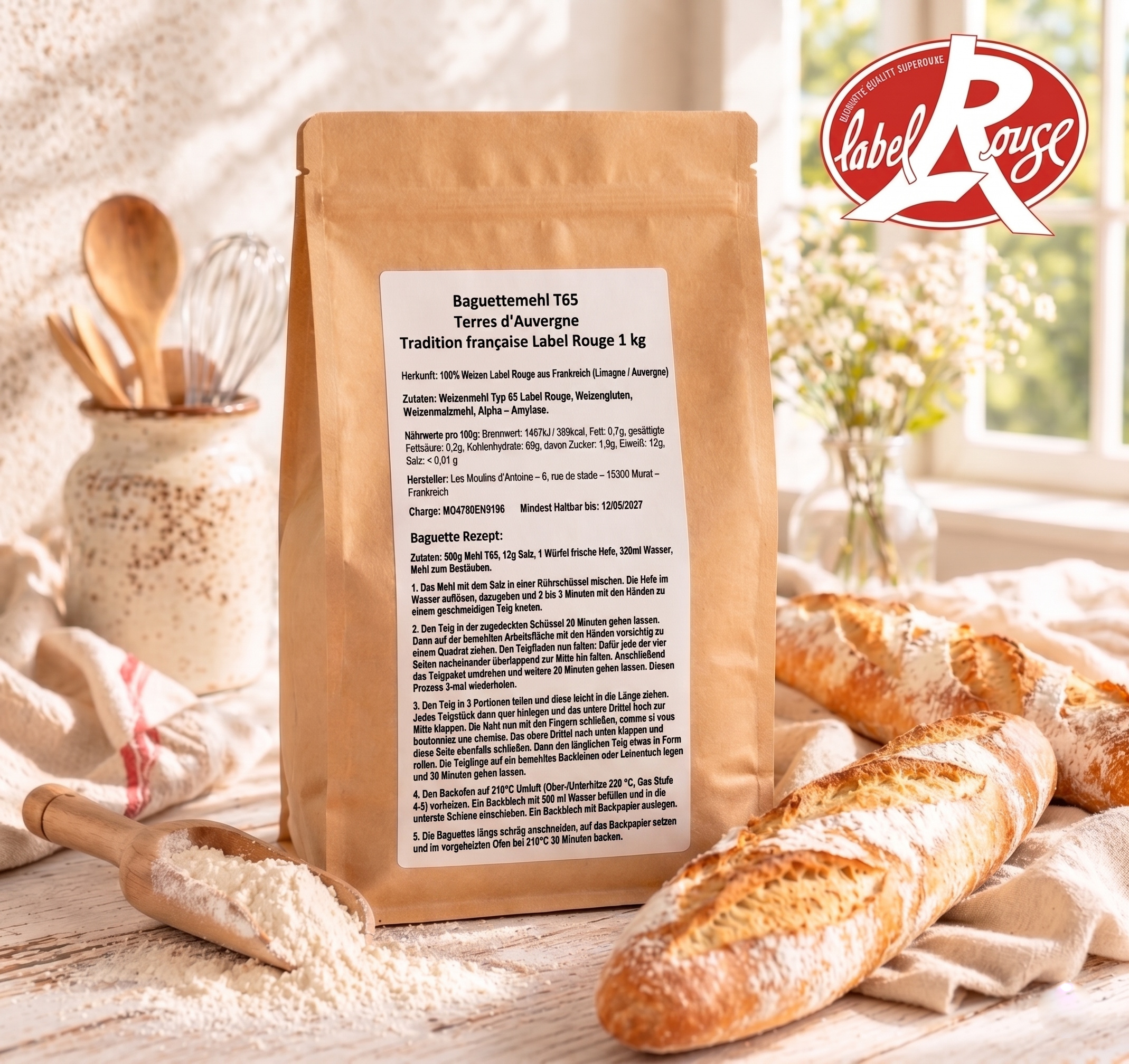 Französisches Baguettemehl T65 Terres d Auvergne Tradition française Label Rouge 1kg