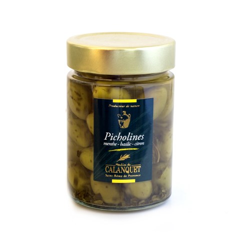 Grüne Picholine Oliven mit Minze, Basilikum und Zitrone 175g
