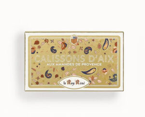 Gold rectangular box of Calissons d'Aix with almond pastries, Provence-inspired pattern, and Le Roy René branding