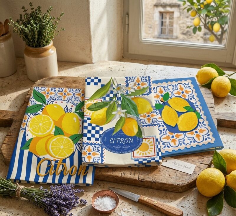 Geschirrtuecher Set Zitronen Aus Menton Cote Dazur Aus Baumwolle