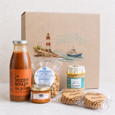 Bretagne Genussbox: Fischsuppe, Rouille, Croûtons, Rillettes & Galettes