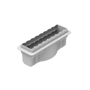 Grey plastic egg carton with multiple round compartments, viewed from the side at an angle.