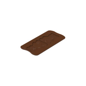 Milk chocolate bar with segmented squares, viewed at an angle on a white background.