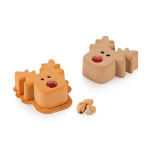 Orange textured reindeer-shaped cookies with red noses and black eyes on a white surface, several pieces shown nearby.
