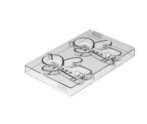 Clear acrylic tray holding two stainless-steel clamp assemblies side by side for securing lids or panels.