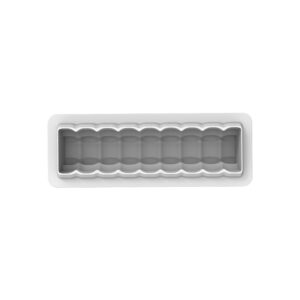 Top-down view of a white tray with a gray silicone mold containing multiple rounded ice-cube cavities.