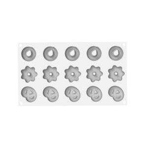 Silicone cookie-cutter sheet with 15 cutters: five ring shapes, five flower shapes, and five smiley faces arranged in a grid.