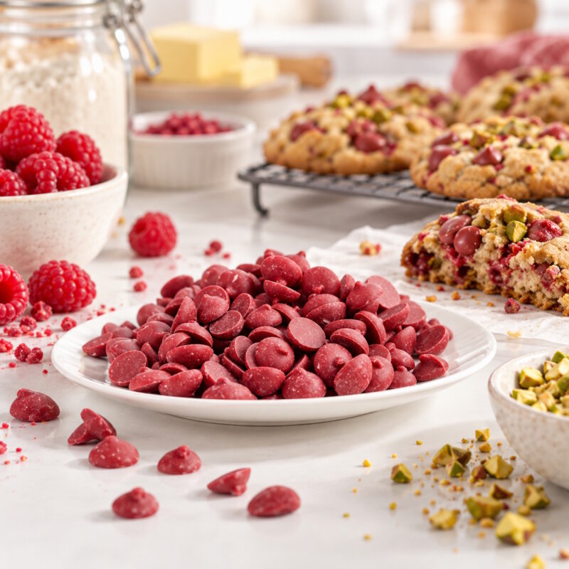 Himbeer pistazien cookies mit valrhona schokolade