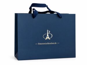 Geschenktasche franzoesischkochen.de in Nachtblau mit Goldprägung