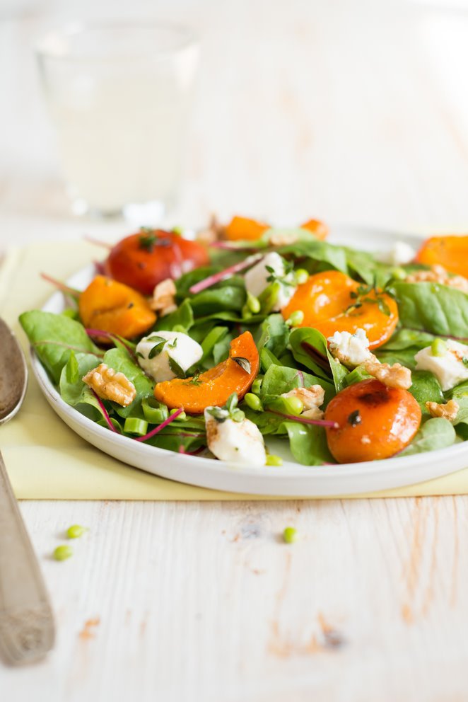 Sommerlicher Salat mit gebratenen Aprikosen und Ziegenkäse gebratene-Aprikosen-Salat-