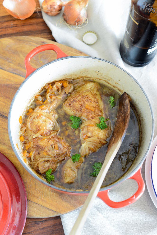 Schmorhähnchen mit Biersauce (Poulet à la bière) Schmor Hähnchen Bier 3
