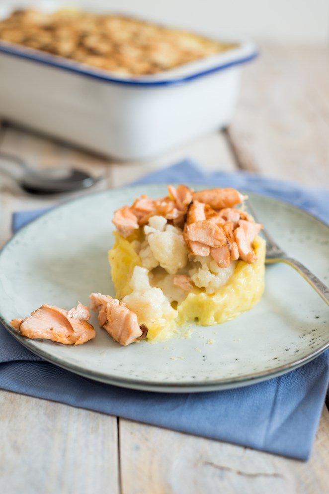 Parmentier mit Lachs und Blumenkohl – Auflauf für Kinder Rezept